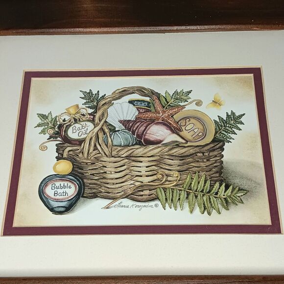 Vintage Laurie Korsgaden Bath Gift Basket Print #1 Matted Brown Wood Frame 14x12 - Picture 2 of 13